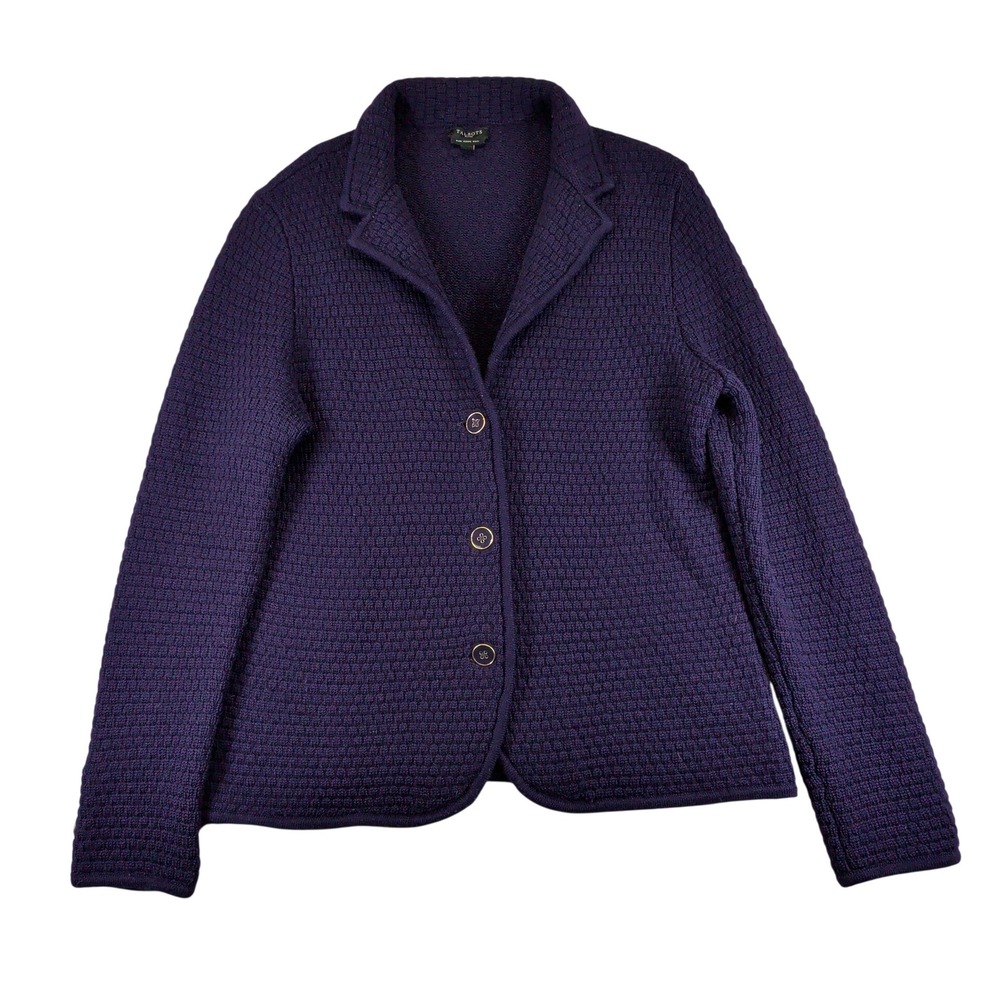 Talbots Petites Purple 100% Merino Wool Knit Blazer Cardigan Sweater Large LP